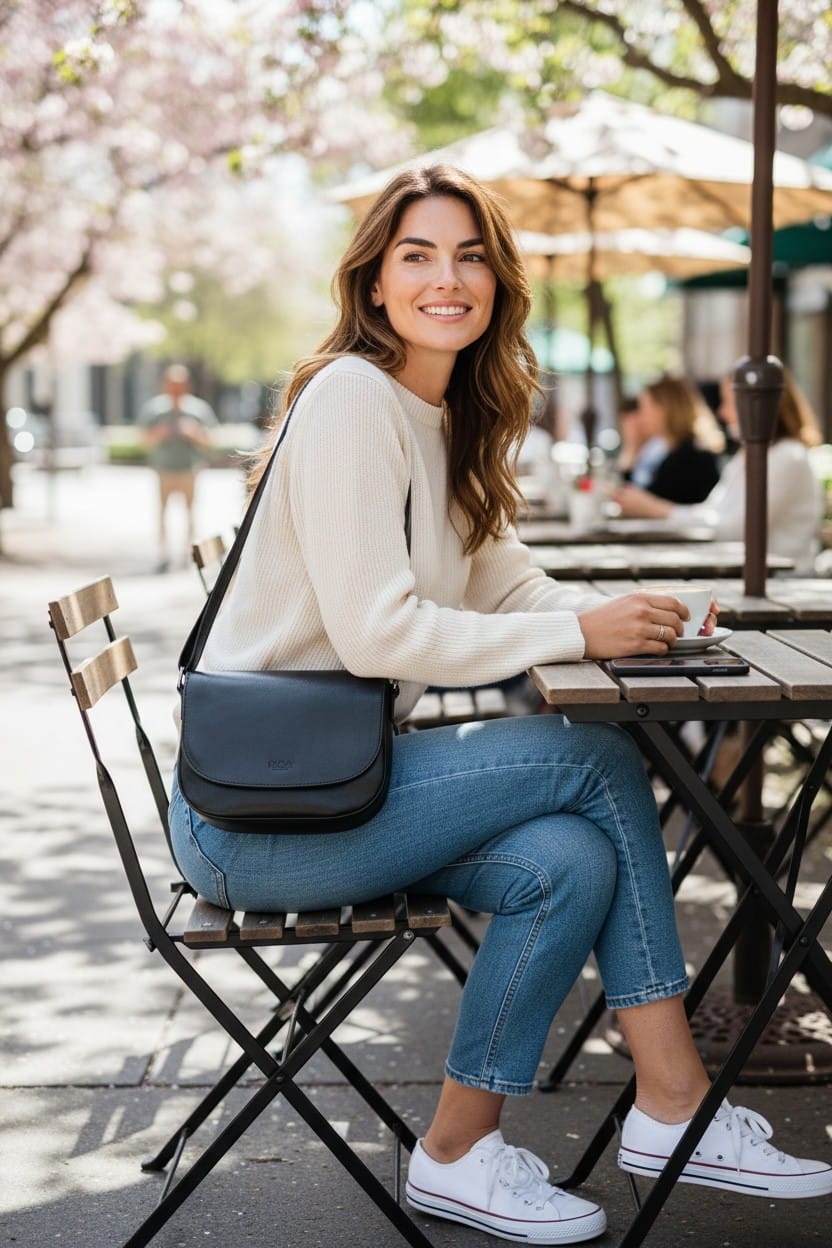 Handväska i svart skinn med en rundad klaff och en justerbar axelrem från Biori Sweden, buren av modell