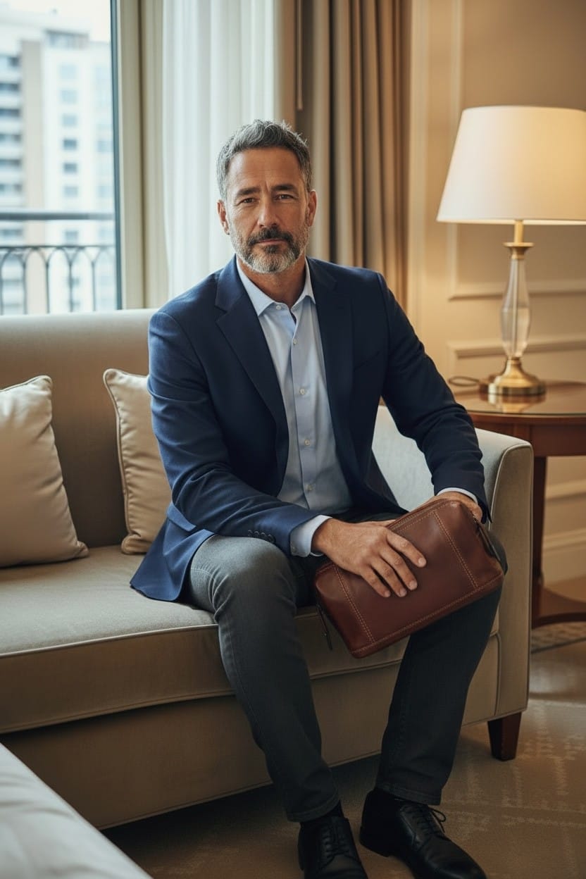 Herrnecessär i brunt skinn från Biori Sweden, buren av modell