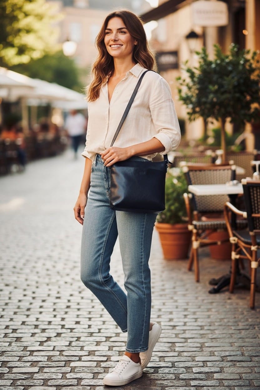 Svart handväska i skinn med justerbar axelrem från Biori Sweden, buren av modell