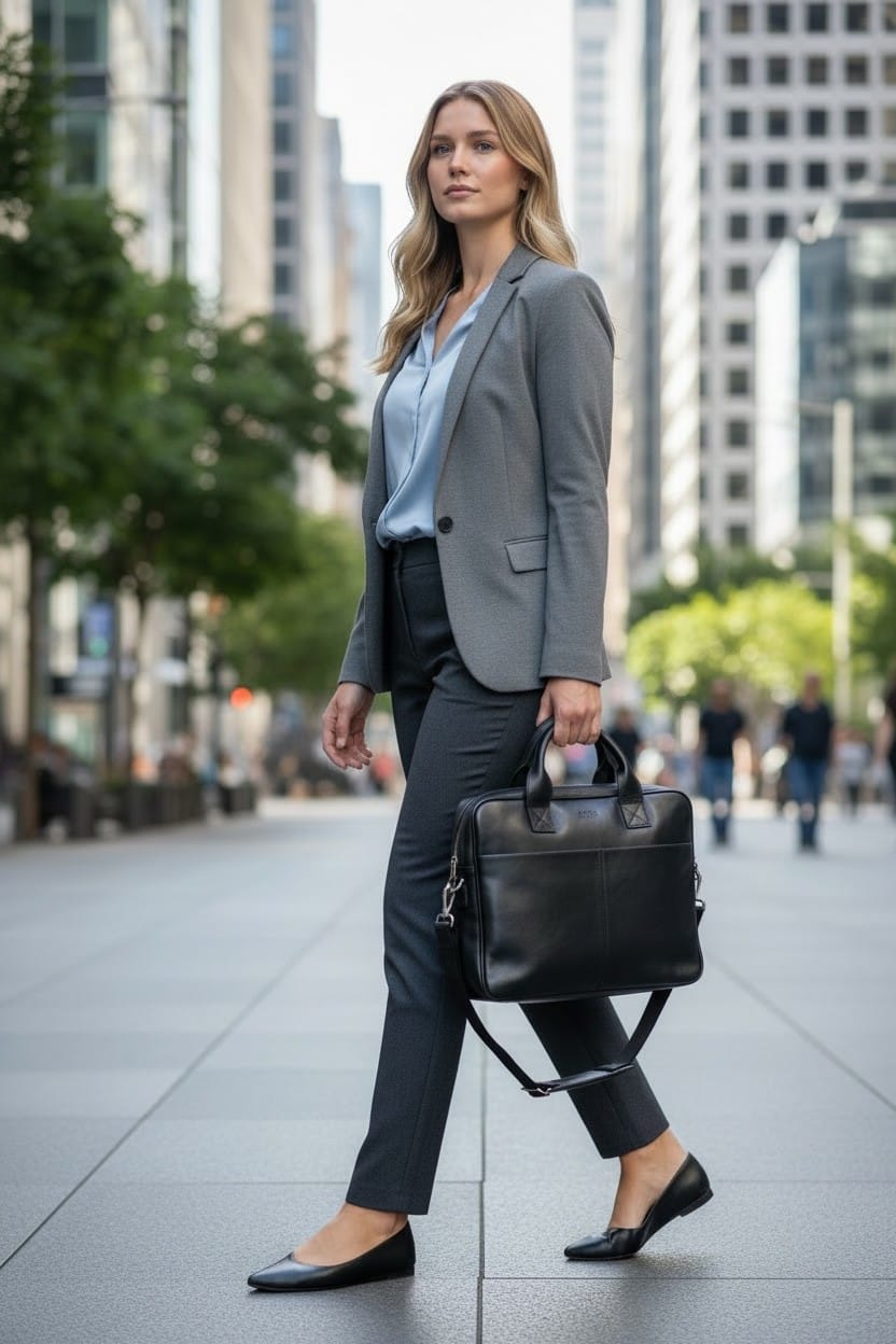 Portfölj i svart läder från Biori Sweden, buren av modell