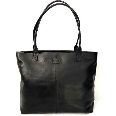 Framsida av Datorväska skinn Biori 5104S i svart med långa bärhandtag för axeln, laptopväska dam, datorväska dam skinn, axelväska dam, svart skinnväska, tote bag