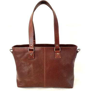 Framsida av Datorväska skinn Biori 5126B i brunt med långa bärhandtag för axeln och en justerbar samt avtagbar axelrem, laptopväska dam, datorväska dam skinn, axelväska dam, biori väska, brun axelväska skinn, axelväska i brunt skinn, toteväska skinn, skinnväskor, briori, biori trophy