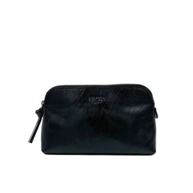 Framsida av Sminkväska skinn Biori 5163S. Sminkväskan i svart har en dragkedja i toppen som går ner lite på sidorna, makeup bag, necessär dam, lyxig necessär dam, liten necessär dam, resenecessär dam