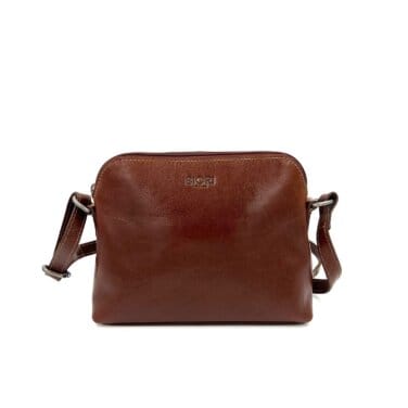 Framsida av brun axelremsväska dam i skinn med axelrem