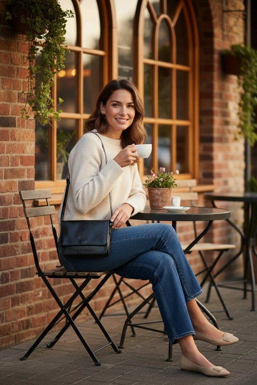 Svart handväska i skinn med rak klaff och justerbar axelrem buren av modell