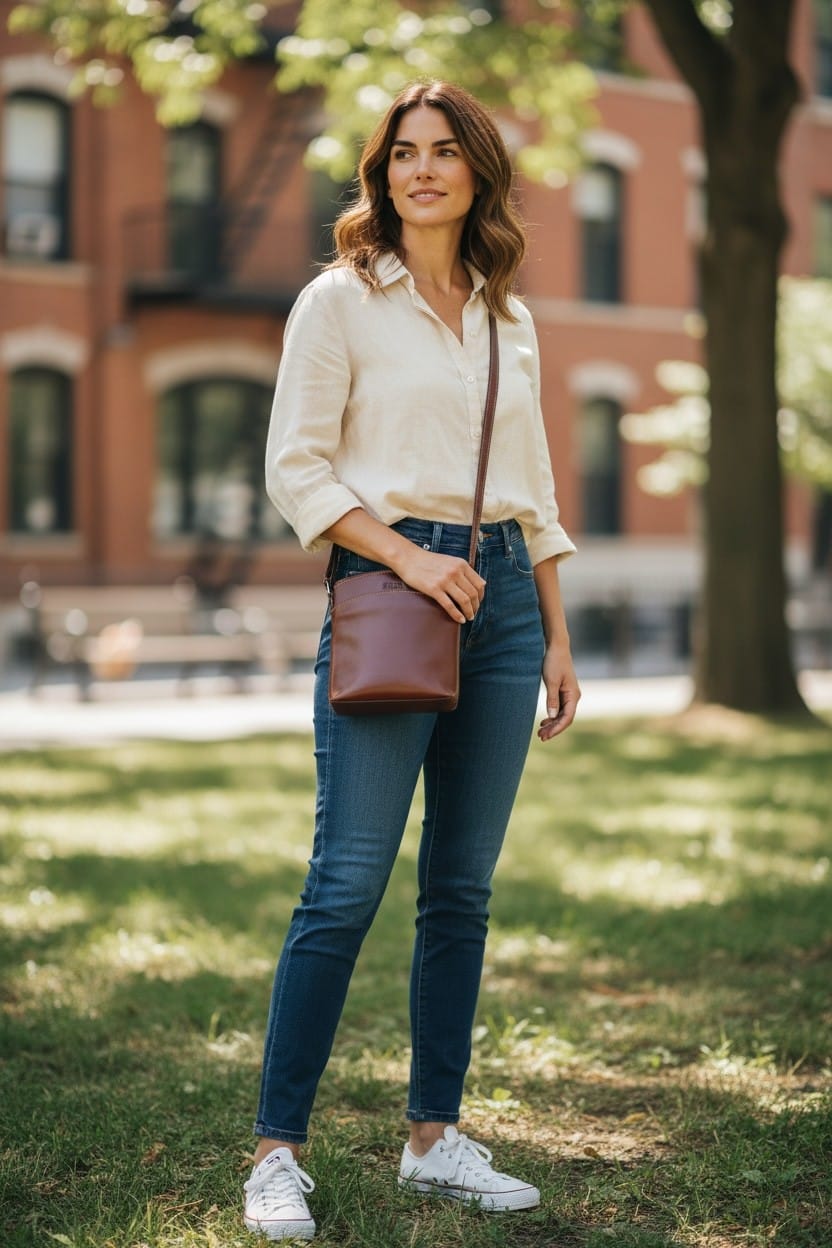 Framsida av handväska i brunt skinn med en öppen ficka från Biori Sweden, buren av modell