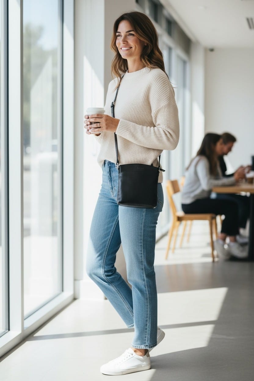 Framsida av handväska i svart skinn med en öppen ficka från Biori Sweden, buren av modell