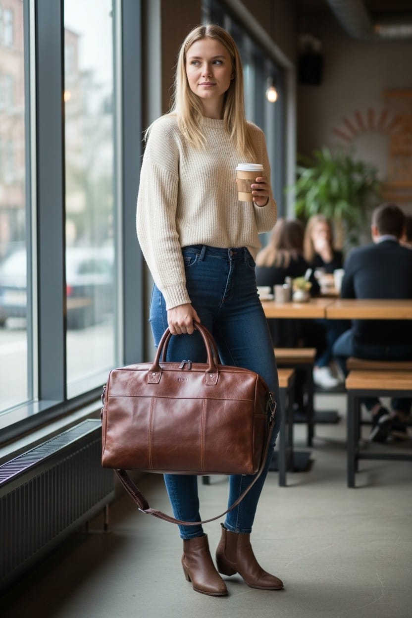 Weekendväska i brunt skinn med bärhandtag och axelrem, buren av modell