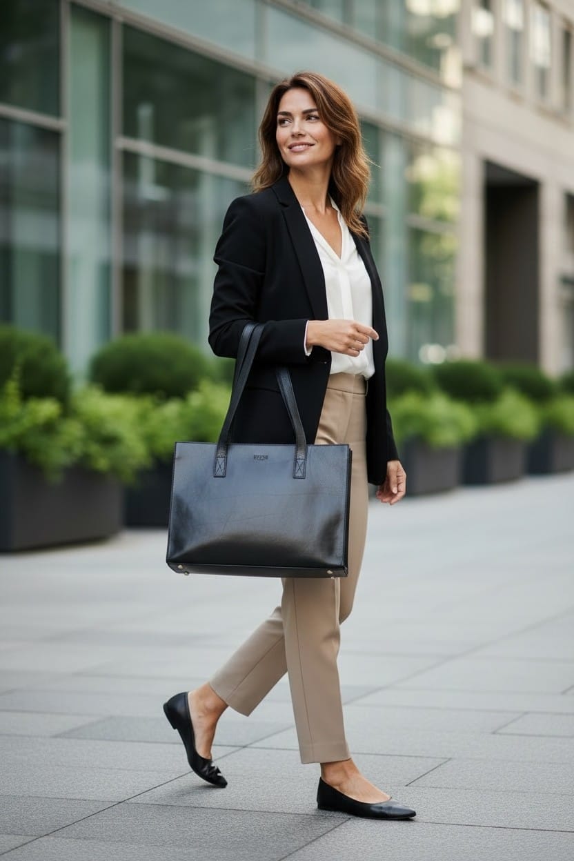 Svart axelväska i skinn med långa handtag som kan bäras över axeln