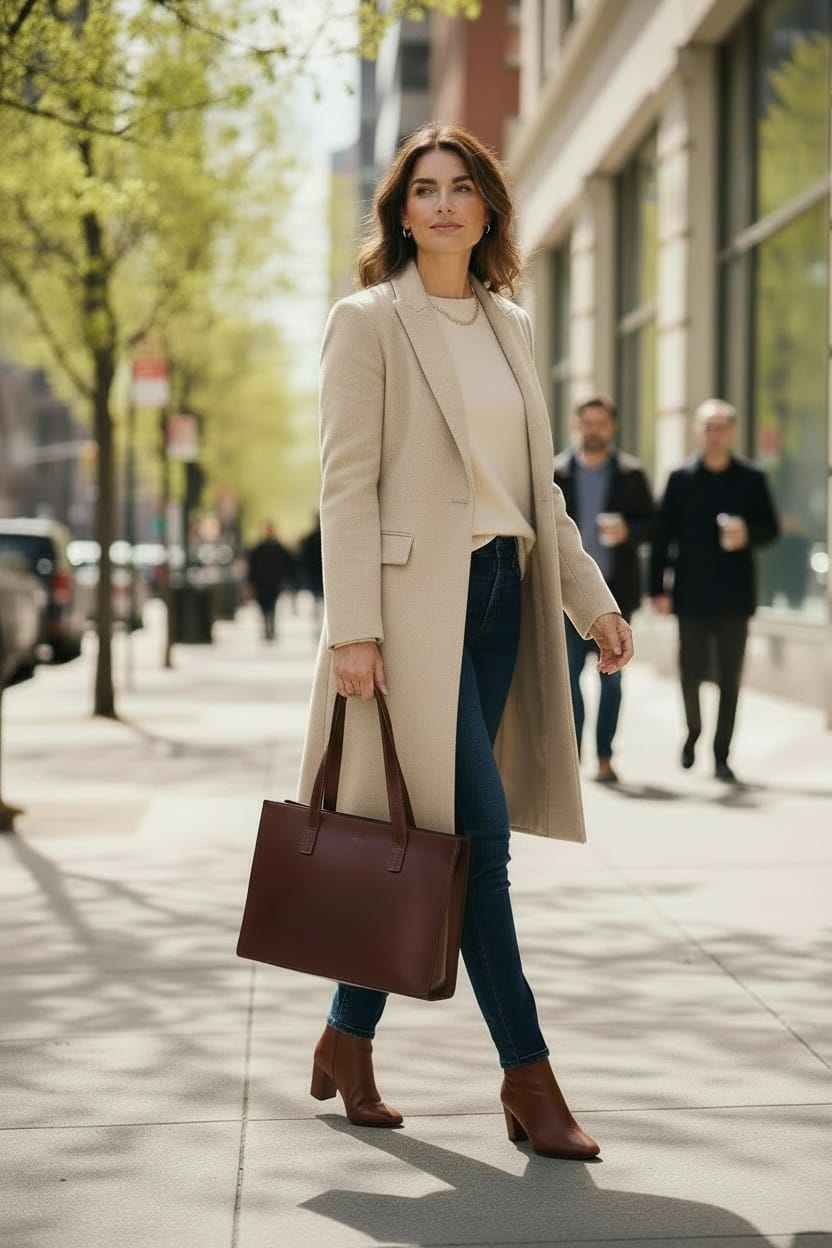 Brun axelväska i skinn med långa handtag som kan bäras över axeln