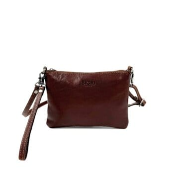 Brun handväska med dragkedja upptill, axelrem och handledsrem