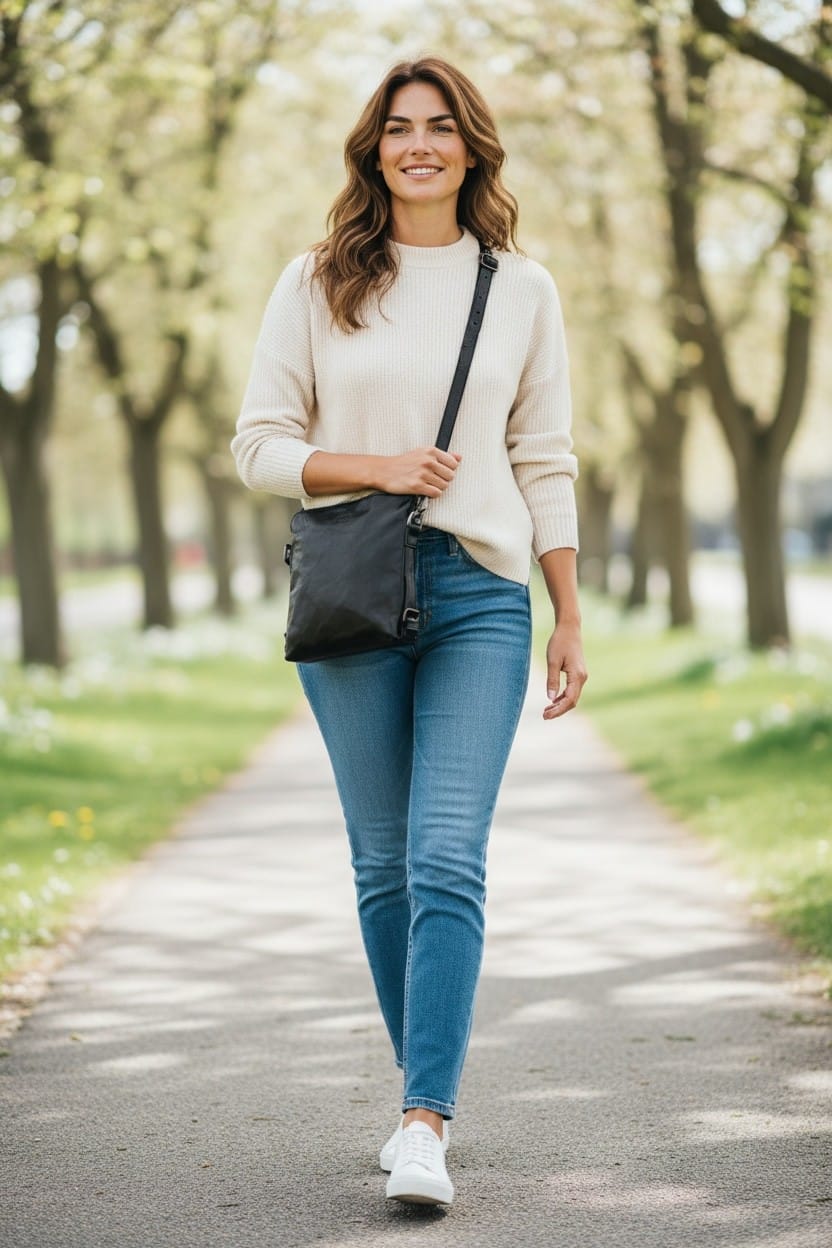 Svart handväska i skinn med justerbar axelrem, buren av modell