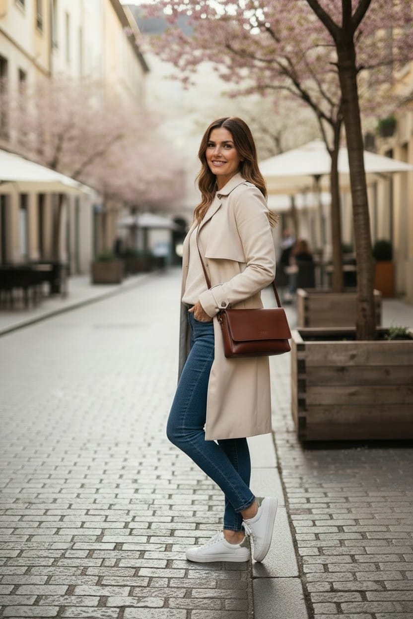 Brun handväska i skinn med rak klaff och justerbar axelrem buren av modell