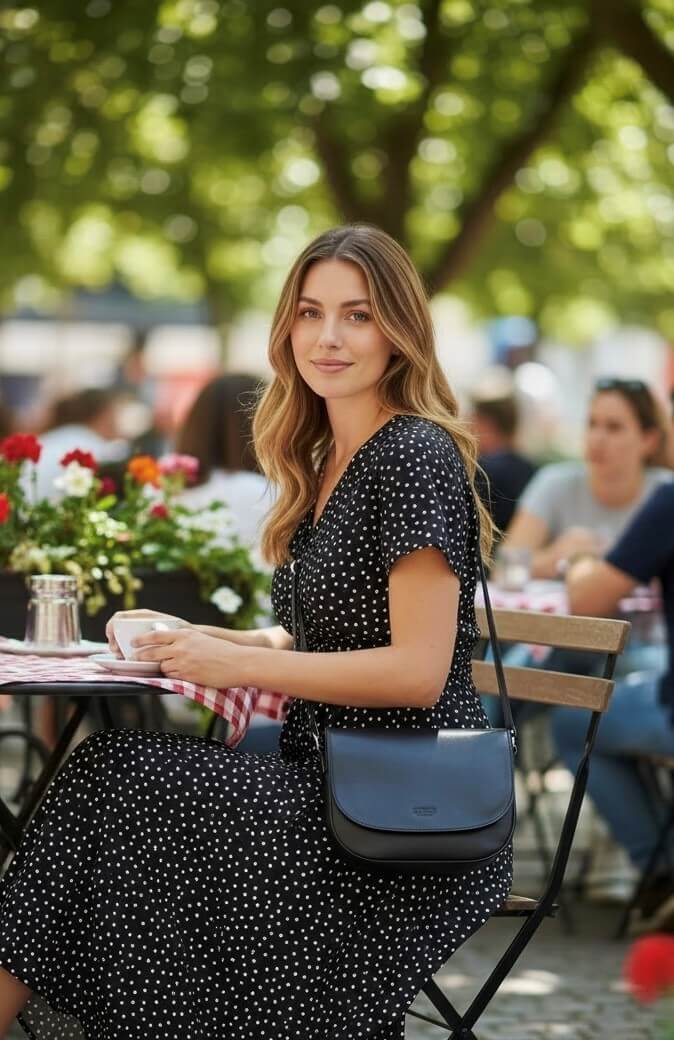 Handväska skinn svart Biori 5108 miljöbild på cafe Handväska i svart skinn med en rundad klaff och en justerbar axelrem från Biori Sweden, buren av modell